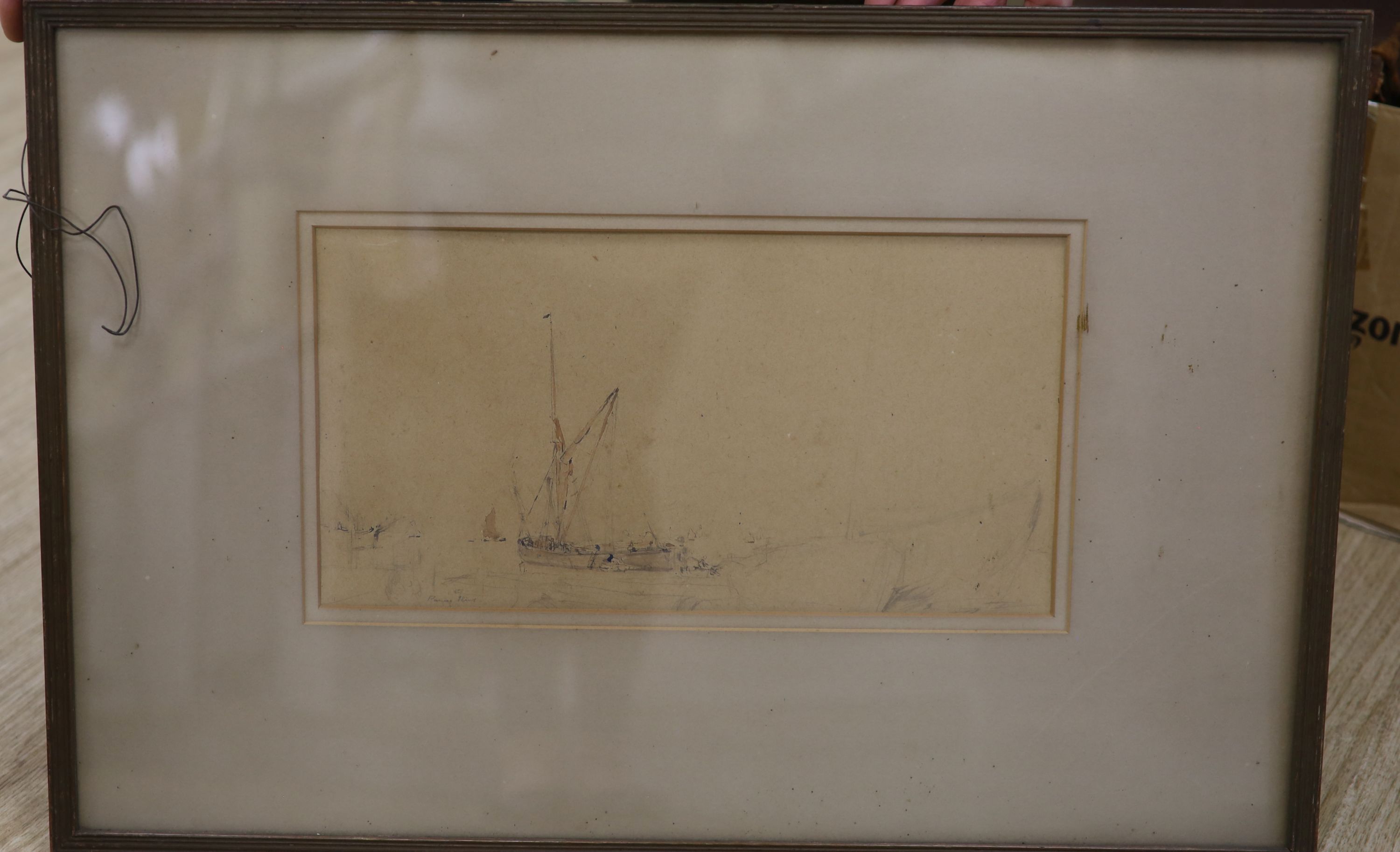 Robert Purvis Flint (1883-1947), pencil and watercolour, 'Repairing barge', signed, 18 x 35cm